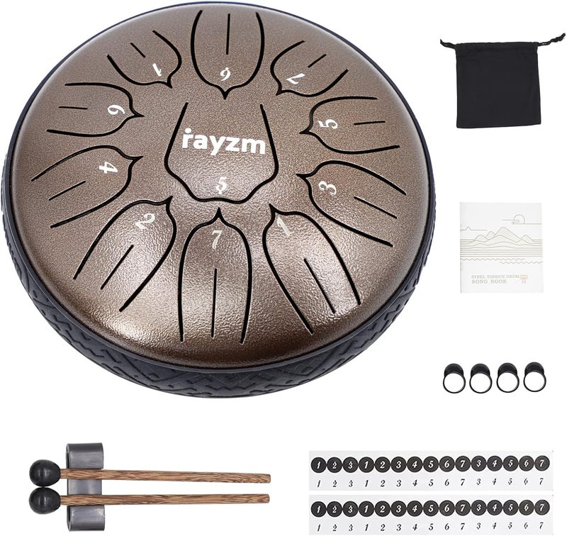 Rayzm Steel Tongue Drum, 6 inches 11 Notes Handpan Tank Drum Kit, Carbon Steel D-Key Percussion Instrument - Image 1